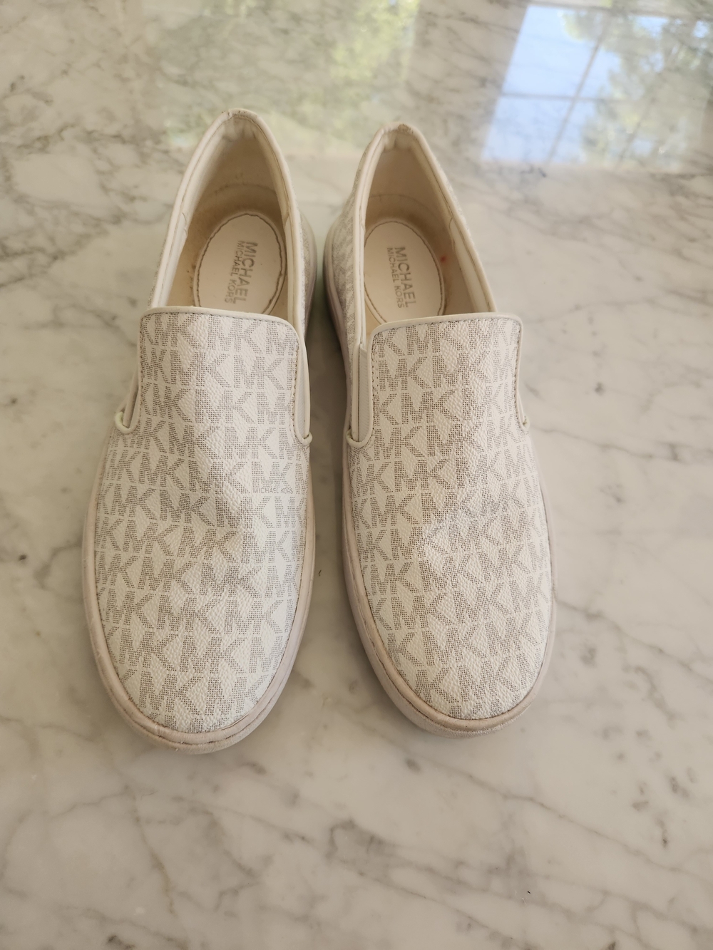 Michael Kors 2 Tone Beize/White Logo Slip-On Sneakers, LIKE NEW.